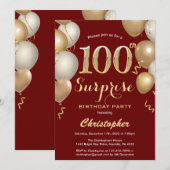 サプライズ100誕生日ダークレッドと金ゴールドバルーン 招待状 (正面/裏面)