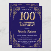 サプライズ100誕生日ネイビーブルーと金ゴールドグリッター 招待状 (正面/裏面)