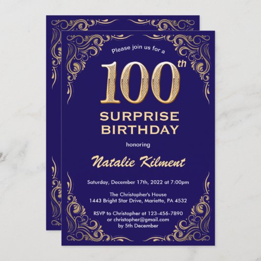 サプライズ100誕生日ネイビーブルーと金ゴールドグリッター 招待状 (正面/裏面)