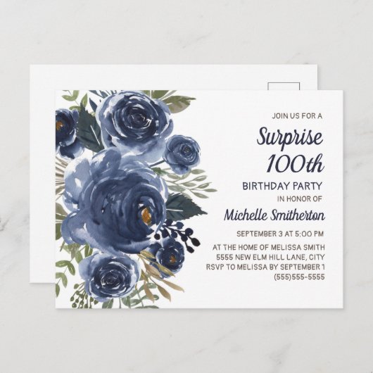 サプライズ100誕生日ネイビーブルーウォーター色フローラ ポストカード (正面/裏面)