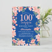 サプライズ100誕生日ピンクフローラ花青 招待状 (スタンド正面)