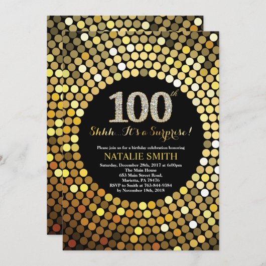 サプライズ100誕生日ブラックと金ゴールドグリッター 招待状 (正面/裏面)