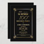 サプライズ100誕生日ブラックと金ゴールドパーティー 招待状 (正面/裏面)