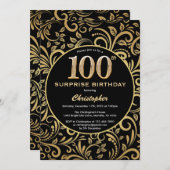 サプライズ100誕生日ブラックと金ゴールドフローラ 招待状 (正面/裏面)