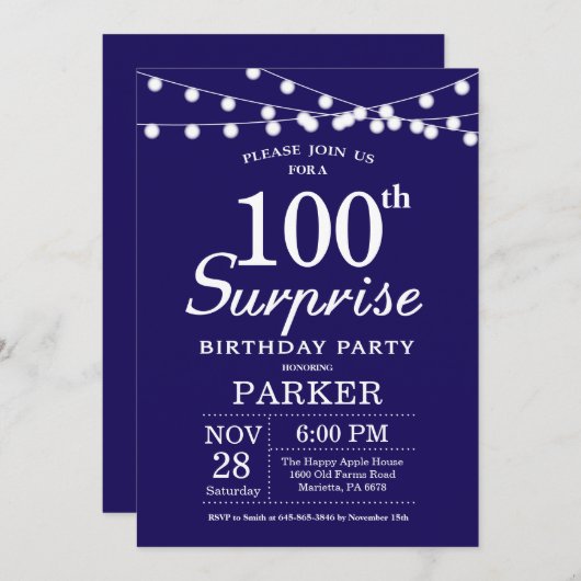 サプライズ100誕生日招待状ネイビーブルー 招待状 (正面/裏面)