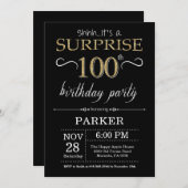サプライズ100誕生日招待状ブラックと金ゴールド 招待状 (正面/裏面)