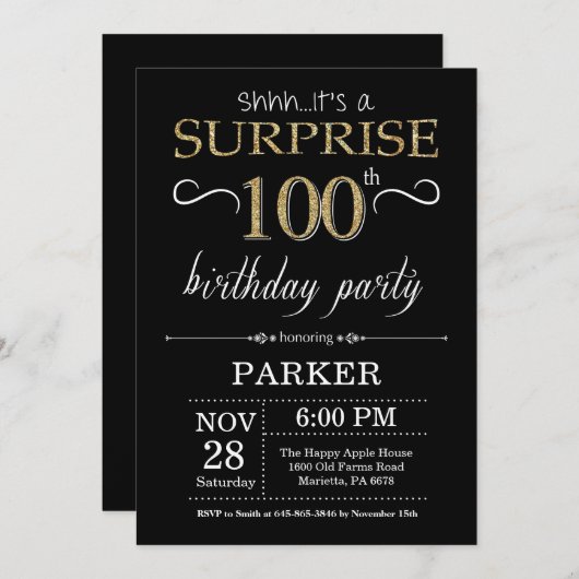 サプライズ100誕生日招待状ブラックと金ゴールド 招待状 (正面/裏面)