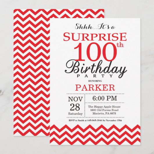 サプライズ100誕生日招待状レッドシェブロン 招待状 (正面/裏面)