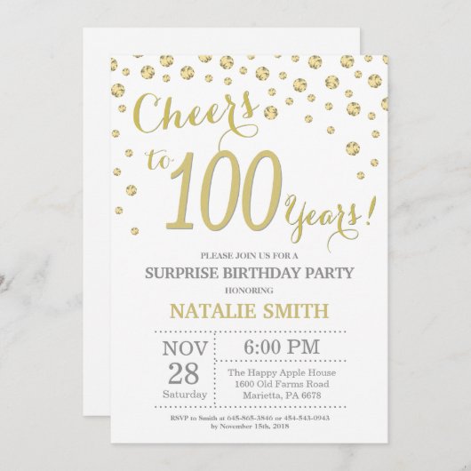 サプライズ100誕生日金ゴールドグリッターダイヤモンド 招待状 (正面/裏面)