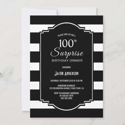 サプライズ100th誕生日ブラックディナストライプのー 招待状 (正面)