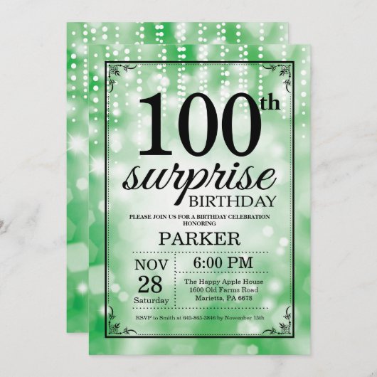 サプライズ100th誕生日招待状グリーングリッター 招待状 (正面/裏面)