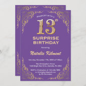 サプライズ13誕生日パープルと金ゴールドグリッター 招待状 (正面/裏面)