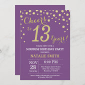 サプライズ13誕生日パープル&金ゴールドダイヤモンド 招待状 (正面/裏面)