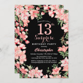サプライズ13誕生日ピンクフローラフラワーブラック 招待状 (正面/裏面)