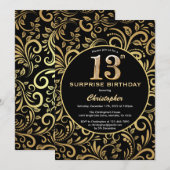 サプライズ13誕生日ブラックと金ゴールドフローラ 招待状 (正面/裏面)