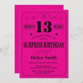 サプライズ13誕生日ブラック&ホットピンク 招待状 (正面/裏面)