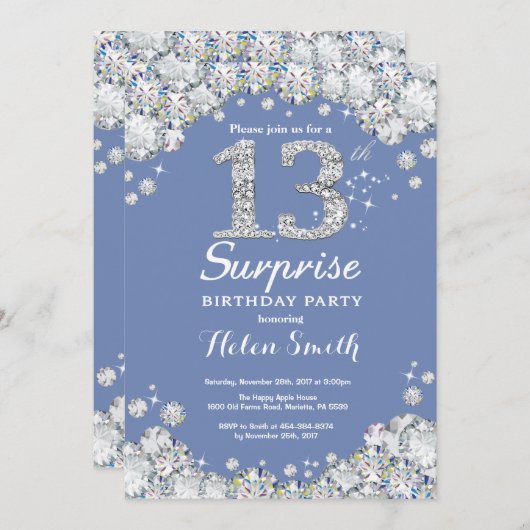 サプライズ13誕生日ブルーシルバーダイヤモンド 招待状 (正面/裏面)