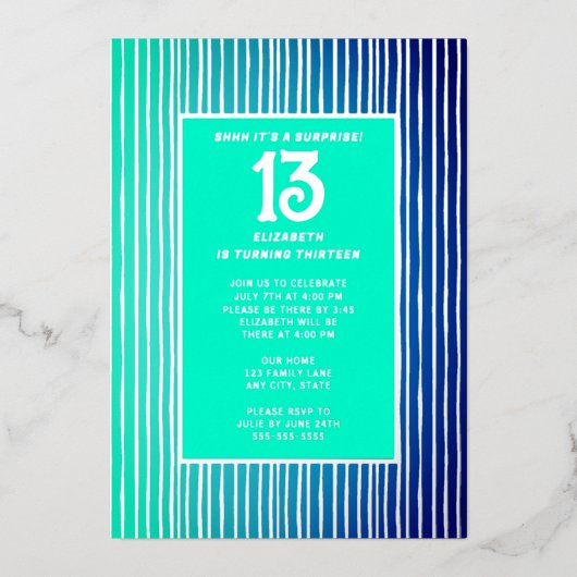 サプライズ13thバースデーパーティーブライトブルーガーリー 箔招待状 (正面)