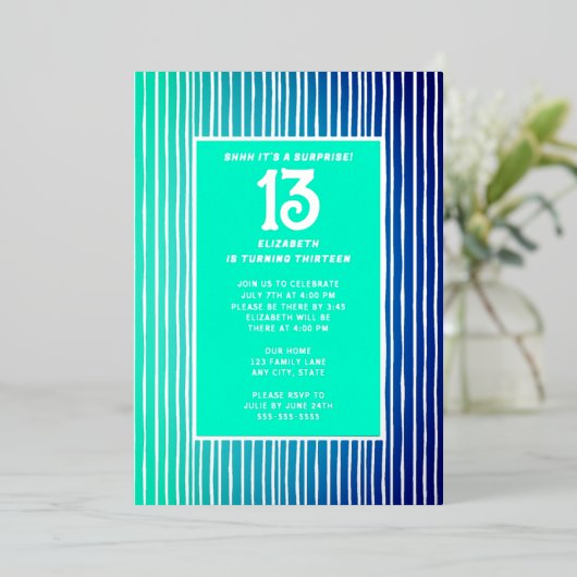 サプライズ13thバースデーパーティーブライトブルーガーリー 箔招待状 (立ち正面)