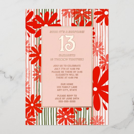 サプライズ13thバースデーパーティー咲くフローラおもしろい 箔招待状 (正面)