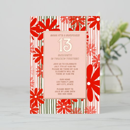 サプライズ13thバースデーパーティー咲くフローラおもしろい 箔招待状 (立ち正面)