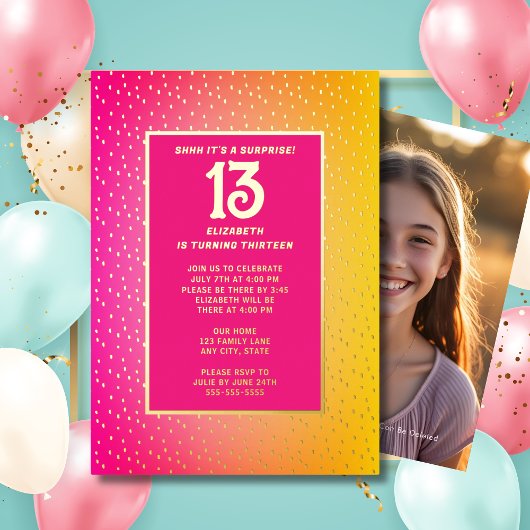 サプライズ13thバースデーパーティー明るい色ブリンギー 箔招待状