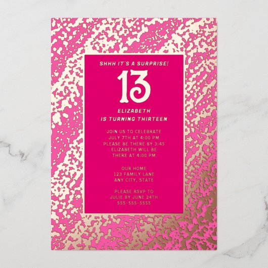 サプライズ13thバースデーパーティー熱いピンク名門私立校風のビンギー 箔招待状 (正面)