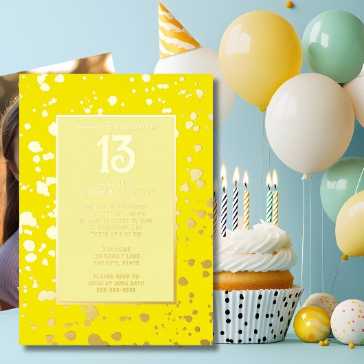 サプライズ13th誕生日パーティーブライトイエローブリンギー 箔招待状