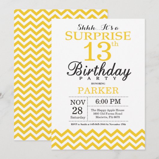 サプライズ13th誕生日招待状イエローシェブロン 招待状 (正面/裏面)