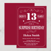 サプライズ13th誕生日招待状ブルガンディーレッド 招待状 (正面/裏面)