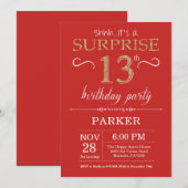 サプライズ13th誕生日招待状レッドと金ゴールド 招待状 (正面/裏面)