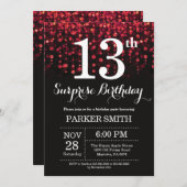 サプライズ13th誕生日招待状レッドグリッター 招待状 (正面/裏面)