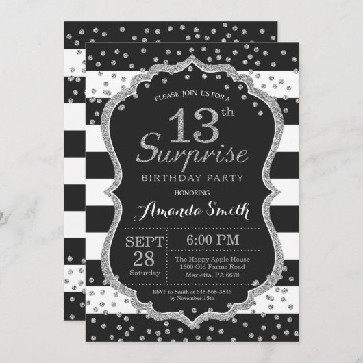 サプライズ13th誕生日招待状。シルバーグリッター 招待状 (正面/裏面)