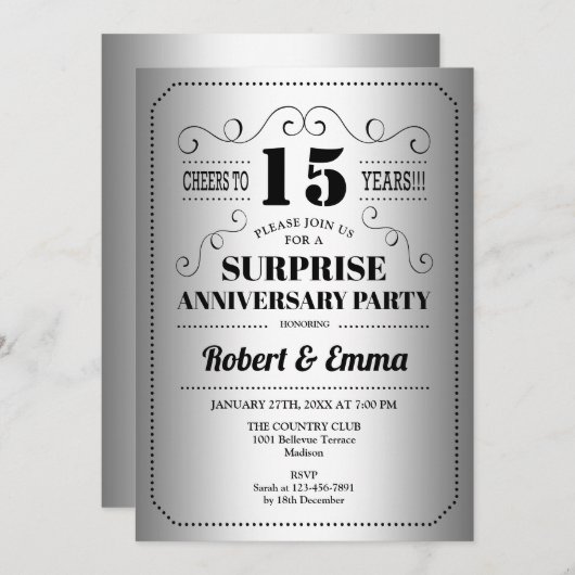 サプライズ15周年記念パーティー- Silver Black 招待状 (正面/裏面)