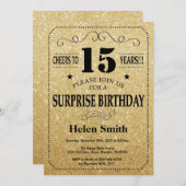 サプライズ15歳の誕生日 ブラックとゴールドのグリッター 招待状 (正面/裏面)