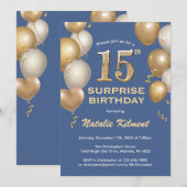 サプライズ15歳誕生日青と金の風船 招待状 (正面/裏面)
