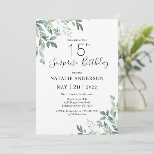 サプライズ15誕生日グリーンユーカリ緑 招待状 (スタンド正面)