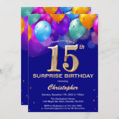 サプライズ15誕生日ネイビーブルーと金ゴールドバルーン 招待状 (正面/裏面)