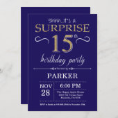 サプライズ15誕生日ネイビーブルー&金ゴールドグリッター 招待状 (正面/裏面)