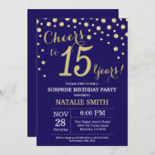 サプライズ15誕生日ネービーブルーアンド金ゴールドダイヤモンド 招待状 (正面/裏面)