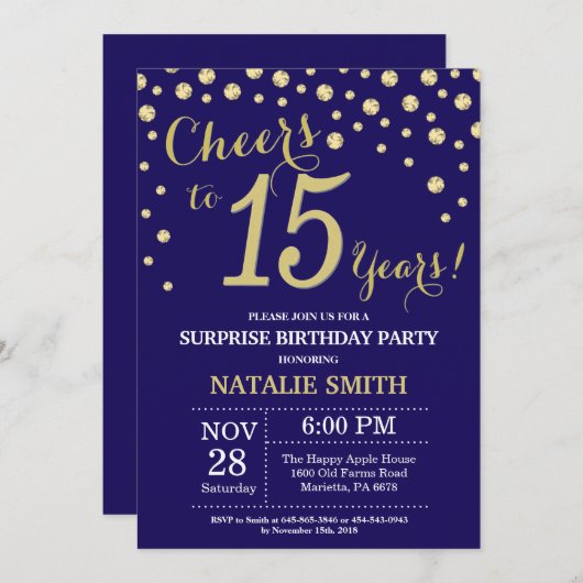 サプライズ15誕生日ネービーブルーアンド金ゴールドダイヤモンド 招待状 (正面/裏面)