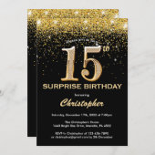サプライズ15誕生日ブラックと金ゴールドグリッター 招待状 (正面/裏面)