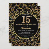 サプライズ15誕生日ブラックと金ゴールドフローラ 招待状 (正面/裏面)