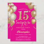 サプライズ15誕生日ホットピンクと金ゴールドバルーン 招待状 (正面/裏面)