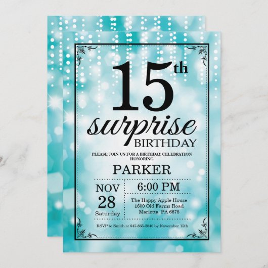 サプライズ15誕生日招待状ティール(緑がかった色)グリッター 招待状 (正面/裏面)