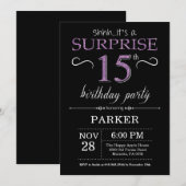 サプライズ15誕生日招待状ブラック&パープル 招待状 (正面/裏面)