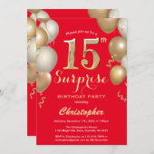 サプライズ15誕生日赤と金ゴールドバルーン 招待状 (正面/裏面)