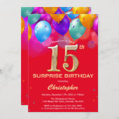 サプライズ15誕生日赤と金ゴールドバルーン 招待状 (正面/裏面)
