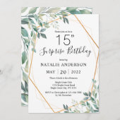 サプライズ15th誕生日ユーカリプタスグリーンリー&金ゴールド 招待状 (正面/裏面)