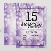 サプライズ15th誕生日招待状パープルグリッター 招待状 (正面/裏面)